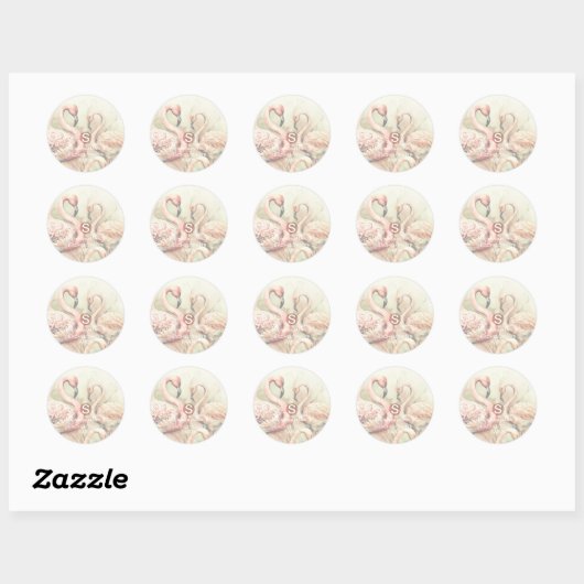 Stijlvolle Chic Flamingo Monogram Gepersonaliseerd Ronde Sticker (Vel)