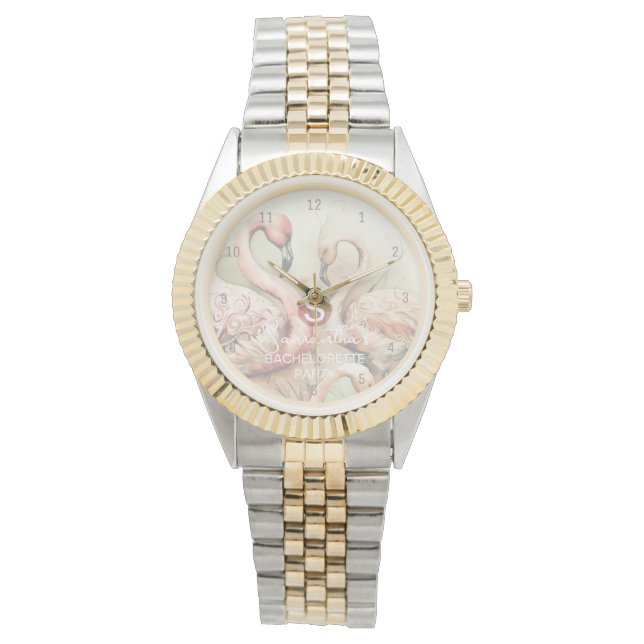 Stijlvolle Chic Flamingo Monogram Personalisatie Horloge (Voorkant)