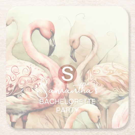 Stijlvolle Chic Flamingo Monogram Persoonlijk Kartonnen Onderzetters (Voorkant)