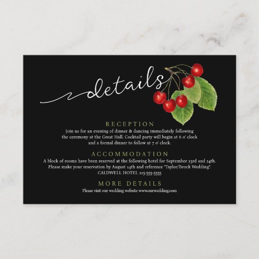 Stijlvolle Chic Red Cherry Black Sage Wedding Deta Informatiekaartje (Voorkant)