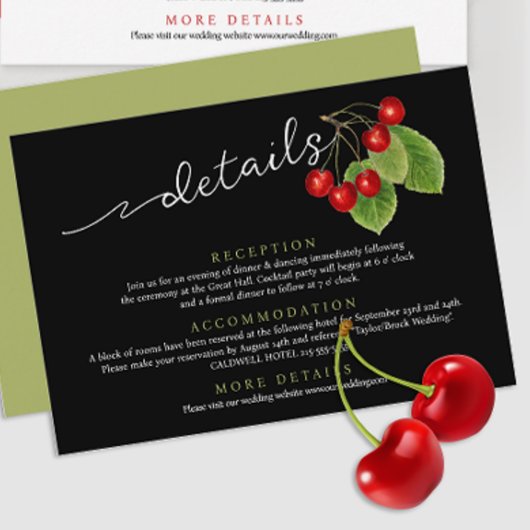 Stijlvolle Chic Red Cherry Black Sage Wedding Deta Informatiekaartje