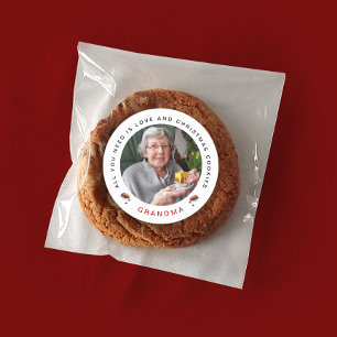 Stijlvolle Chic Rode Witte Kerst Koek Foto Naam Ronde Sticker
