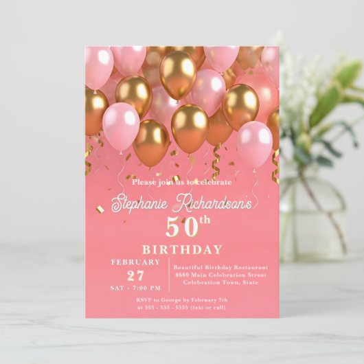 Stijlvolle Chic roze en gouden ballonnen 50e verja Kaart (Staand voorkant)