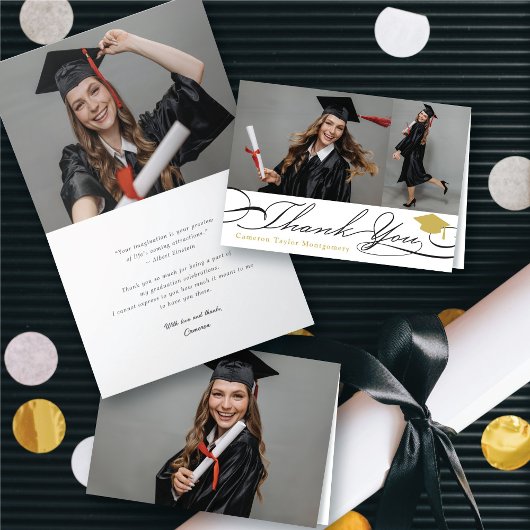 Stijlvolle Chic Script Afstudeerhoed 2 Foto Afstud Bedankkaart