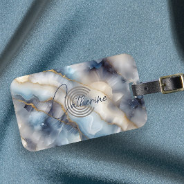 Stijlvolle Chic Swirled Blue en Gold Marble Agate Bagagelabel