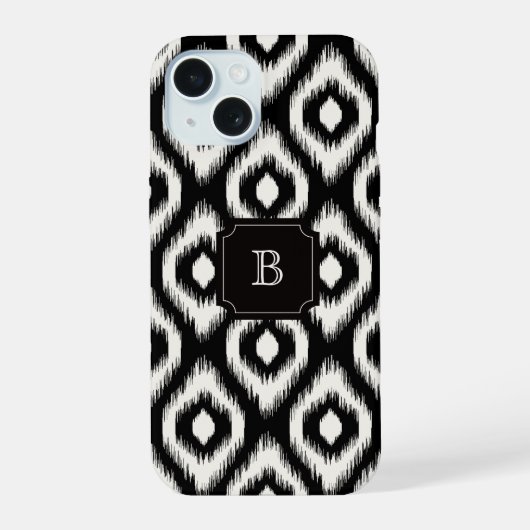 Stijlvolle Chic Zwart Ivoor Diamant Ikat Monogram iPhone 15 Case (Achterkant)