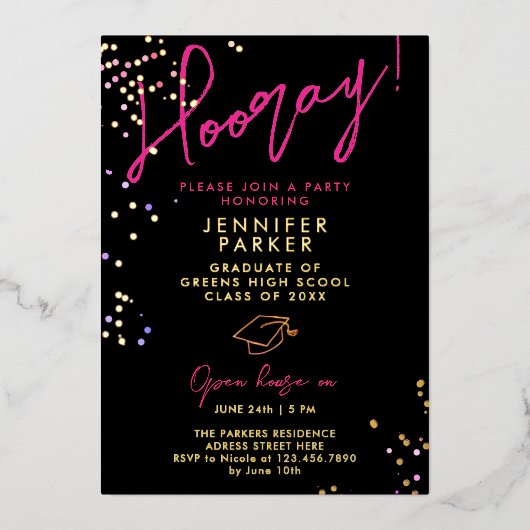 Stijlvolle Chic Zwart Roze Glitter School Afstudee Folie Uitnodiging (Voorkant)