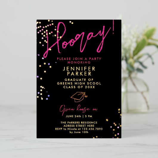 Stijlvolle Chic Zwart Roze Glitter School Afstudee Folie Uitnodiging (Staand Voorkant)