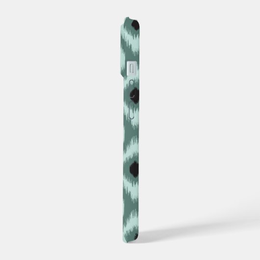 Stijlvolle Chic Zwarte Mint Diamant Ikat Monogram iPhone 15 Case (Linkerkant)