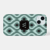 Stijlvolle Chic Zwarte Mint Diamant Ikat Monogram iPhone 15 Case (Achterkant horizontaal)