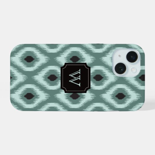 Stijlvolle Chic Zwarte Mint Diamant Ikat Monogram iPhone 15 Case (Achterkant horizontaal)
