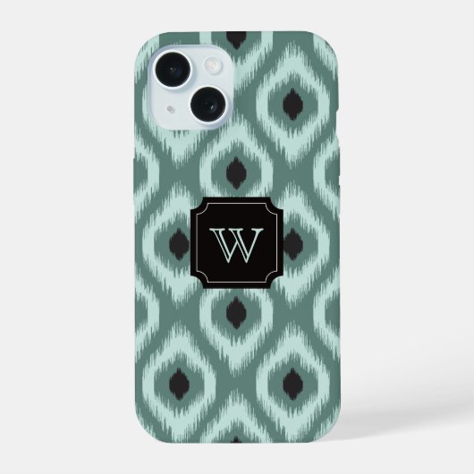 Stijlvolle Chic Zwarte Mint Diamant Ikat Monogram iPhone 15 Case (Achterkant)