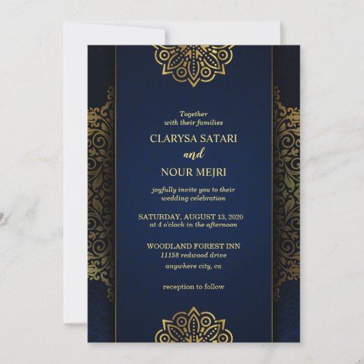 Stijlvolle chique blauwe gouden bloemen patroon br kaart (Voorkant)