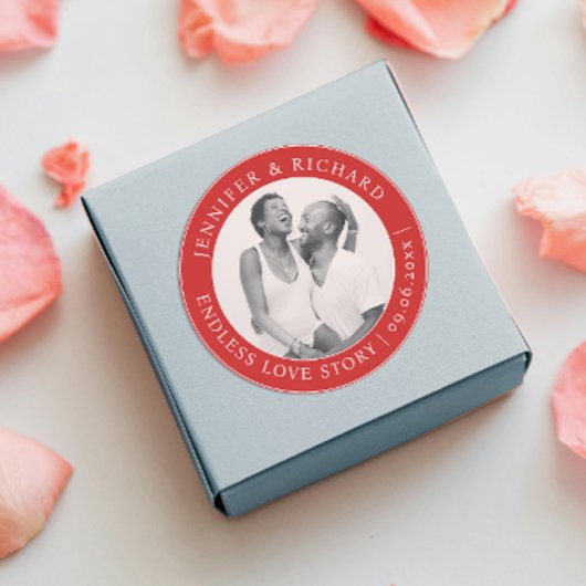 Stijlvolle chique foto rood wit liefde naam bruilo ronde sticker
