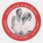 Stijlvolle chique foto rood wit liefde naam bruilo ronde sticker (Voorkant)