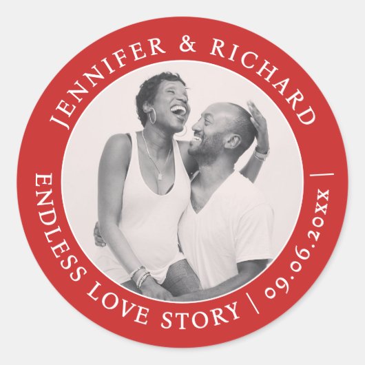 Stijlvolle chique foto rood wit liefde naam bruilo ronde sticker (Voorkant)