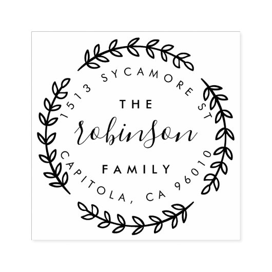 Stijlvolle cirkelblad familienaam retouradres rubberstempel (Afrduk)