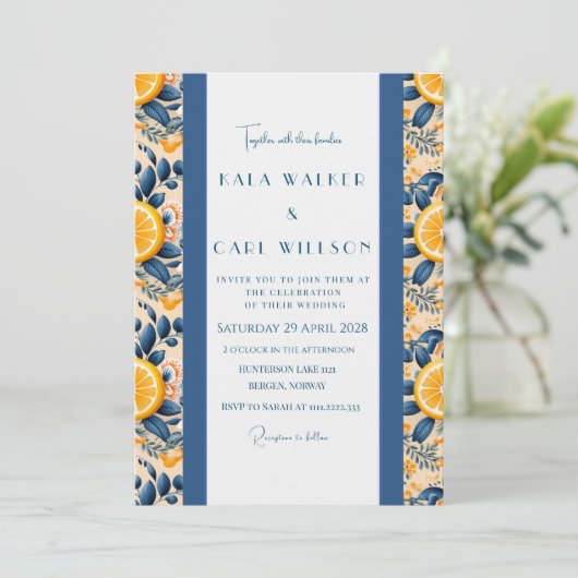 Stijlvolle Citrus en Blush Roze Bruiloft Kaart (Staand voorkant)
