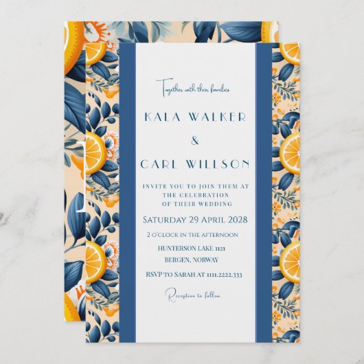 Stijlvolle Citrus en Blush Roze Bruiloft Kaart (Voorkant / Achterkant)