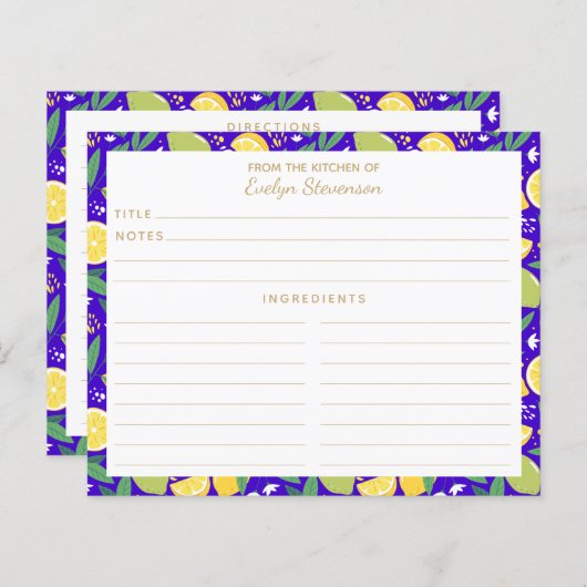 Stijlvolle Citrus Lemon Botanical Blue Recipe Kaar (Voorkant / Achterkant)