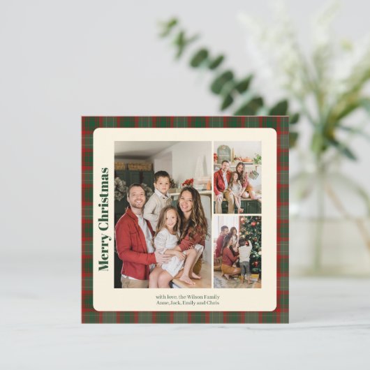 Stijlvolle Classy Plaid 3 foto's Kerstmis Feestdagenkaart (Staand voorkant)