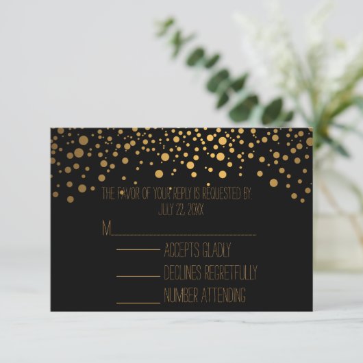 Stijlvolle Confetti gouden Stippen | Black RSVP Kaartje (Staand voorkant)