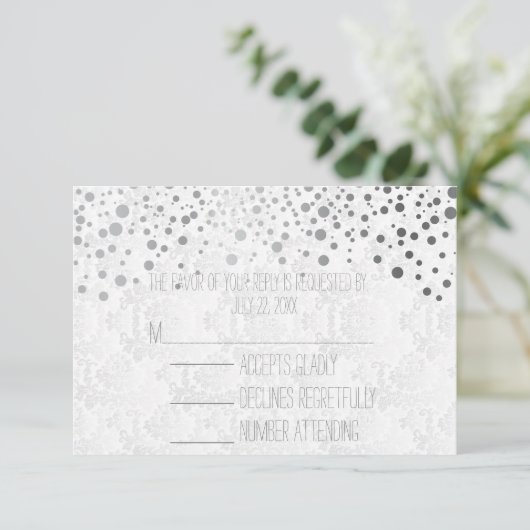Stijlvolle Confetti Silver-Stippen | wit RSVP Kaartje (Staand voorkant)