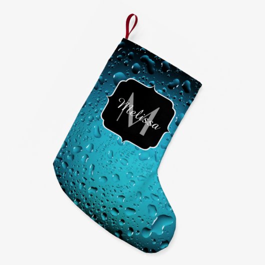 Stijlvolle Cool Blue waterdruppels Monogram Kleine Kerstsok (Voorkant (Hangend))