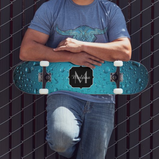 Stijlvolle Cool Blue waterdruppels Monogram Persoonlijk Skateboard (Buiten 3)