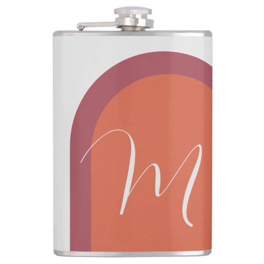 Stijlvolle Coral Magenta Roze Boog en Monogram Heupfles (Voorkant)