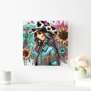Stijlvolle Cowgirl Illustratie Bloemen Westerne Th Vierkante Klok