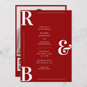 Stijlvolle Crimson Rode Monogram QR Code Bruiloft Kaart