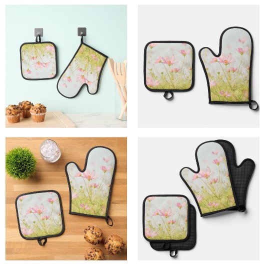 Stijlvolle Cute Roze Bloem Ovenwant & Pannenlap Set