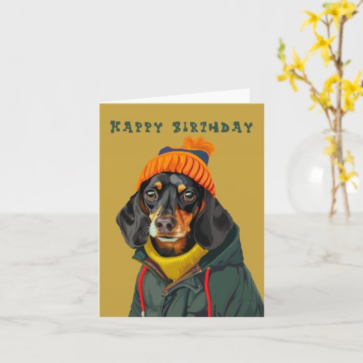 Stijlvolle Dachshund Kaart (Gele Bloem)