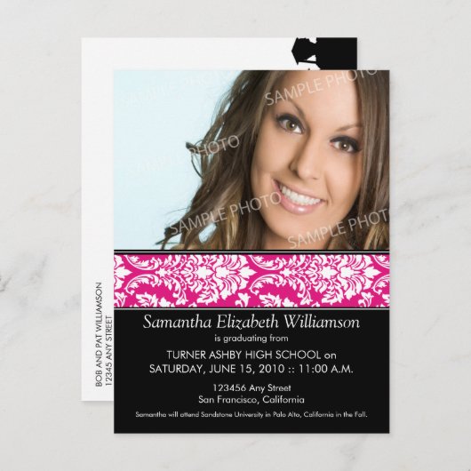 Stijlvolle Damask Afstuderen Aankondiging (roze) 3 (Voorkant / Achterkant)