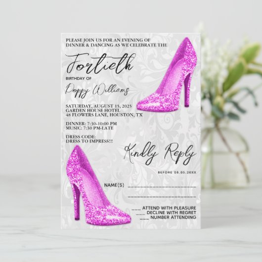 Stijlvolle Damask, Roze Stiletto's 40e verjaardag Kaart (Staand voorkant)