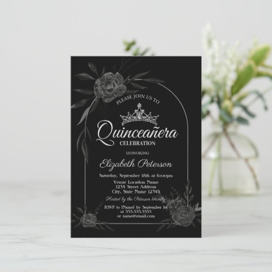 Stijlvolle Dark Rozen Zwart Gothic Quinceañera Kaart (Staand voorkant)