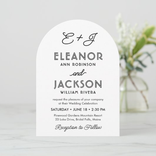 Stijlvolle Deco Typografie & Monogram Fotobruiloft Kaart (Staand voorkant)