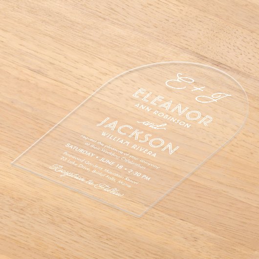 Stijlvolle Deco Typografie & Monogram Wedding Arch Acryl Uitnodigingen (Laagn)