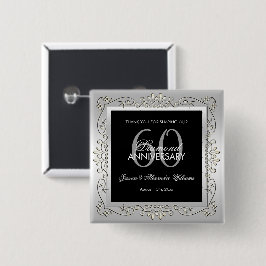 Stijlvolle decoratieve zilveren 60e trouwverjaarda vierkante button 5,1 cm