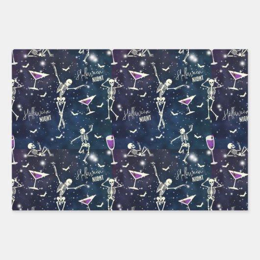 Stijlvolle Deep Dark Sparkling Sky Dancing Skelett Inpakpapier Vel (Voorkant)