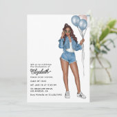 Stijlvolle Denim Meisje met Ballonnen Afstudeerfee Kaart (Staand voorkant)