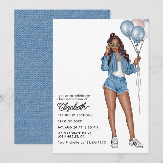 Stijlvolle Denim Meisje met Ballonnen Afstudeerfee Kaart (Voorkant / Achterkant)