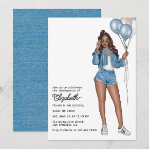 Stijlvolle Denim Meisje met Ballonnen Afstudeerfee Kaart