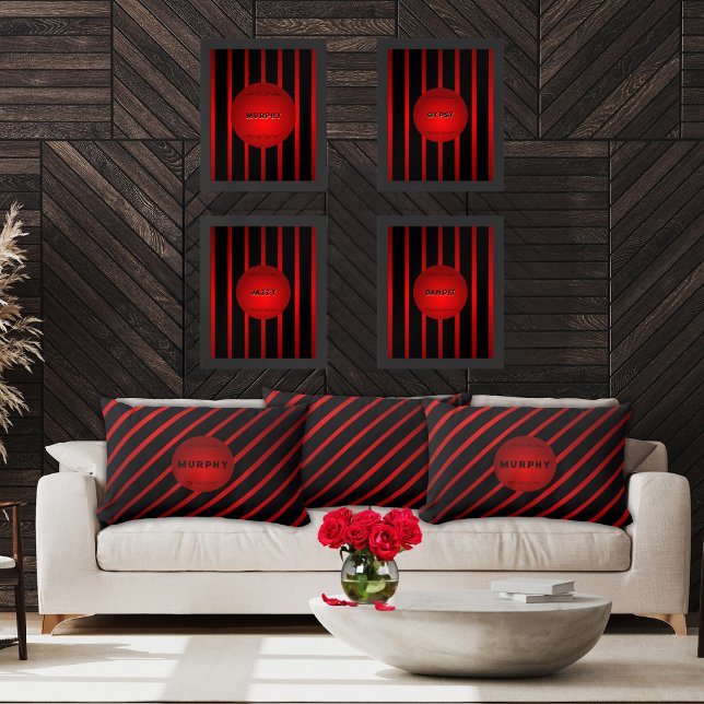 Stijlvolle diagonale zwarte rode strepen Monogram  Kussen (Vivid and modern, black and crimson diagonally striped personalized 13x21" lumbar pillows)
