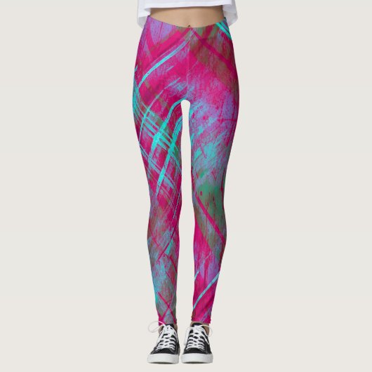 Stijlvolle Distress Plaid Check Roze Paarse Aqua Leggings (Voorkant)
