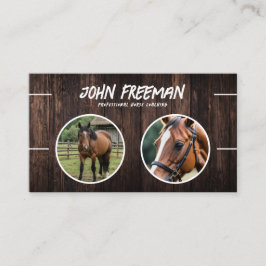 Stijlvolle donkerbruine houten paard foto coaching visitekaartje