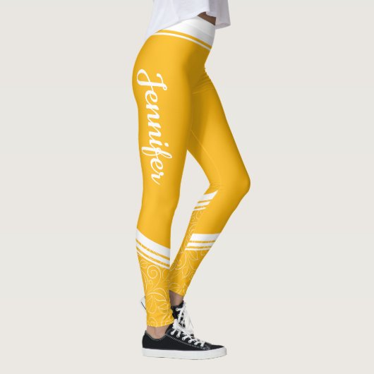 Stijlvolle, donkergele strepen en naam leggings (Rechts)