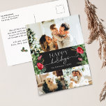 Stijlvolle donkergrijze botanische 3 foto vakantie briefkaart<br><div class="desc">Dit collectie is voorzien van waterverf rode bloemen,  bessen & wintergroen met een moderne en elegante typografie,  met een winterbotanische patroonrug.</div>