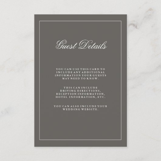 Stijlvolle donkergrijze weddenschappen informatiekaartje (Voorkant)